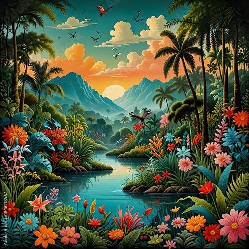 Painting Of A Beautiful Mountain Landscape With River