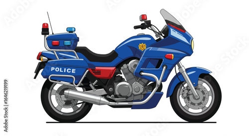 A stylized cartoon illustration showcasing a vibrant blue police motorcycle