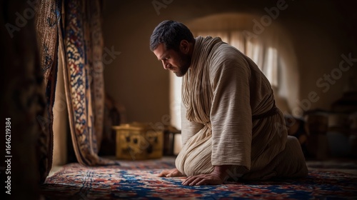 In the golden glow of the tabernacle, Joshua kneels before the Ark of the Covenant, head bowed in reverence, sacred light streaming through, casting divine radiance on the gilded cherubim.