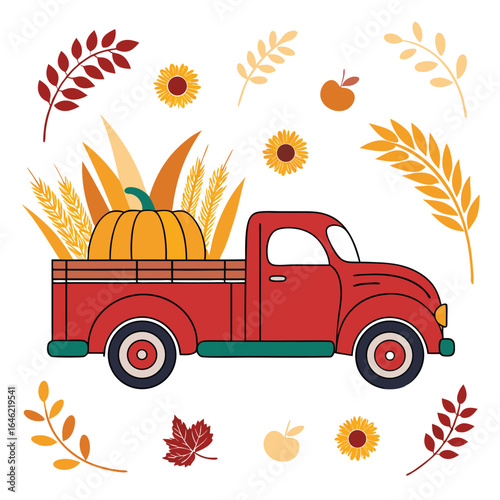 Autumn's bounty fills the red truck's bed, surrounded by harvest flora on a white background
