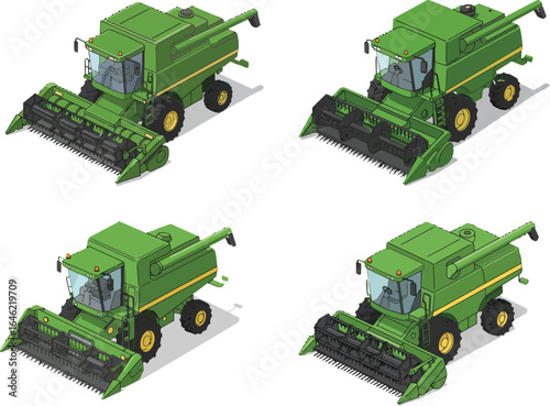 Isometric Cartoon Green Combine Harvester with Black Outlines and Detailed Shading