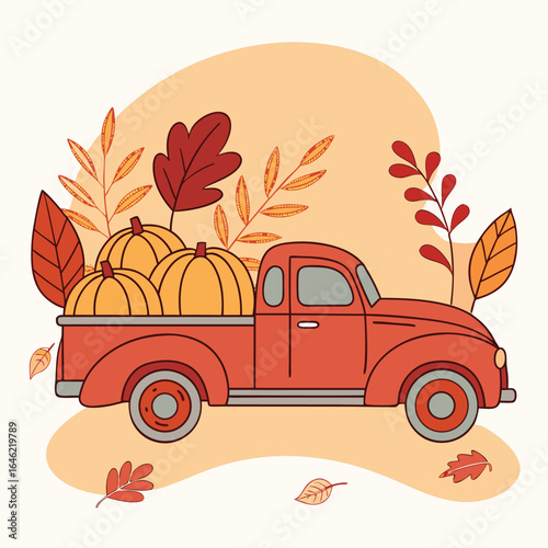 Orange pumpkins fill the vintage red truck bed amidst autumnal foliage backdrop perfectly