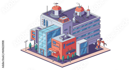 Isometric illustration of futuristic science and technology research building