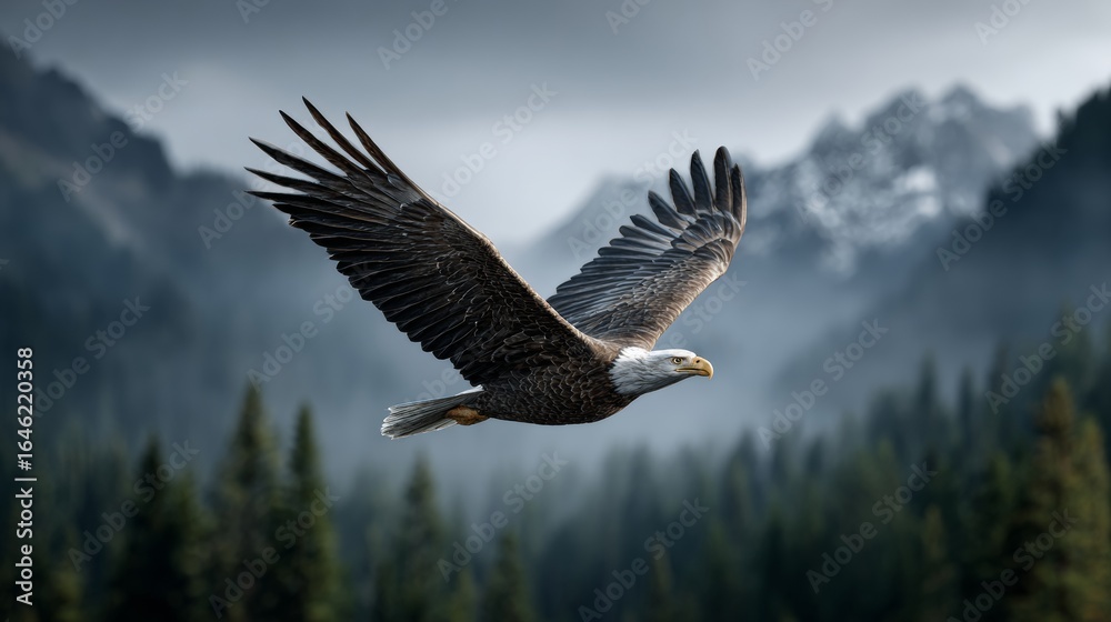 Powerful bald eagle in flight with outstretched wings soaring over misty mountain forest. Dramatic wildlife photography showcasing America's national bird in natural habitat. Powerful bald eagle in flight with outstretched wings soaring over misty mountain forest. Dramatic wildlife photography showcasing America's national bird in natural habitat.