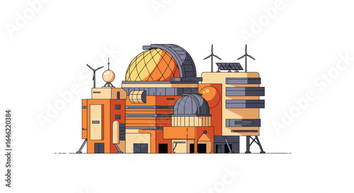 Stylized Flat Vector Illustration of a Modern Space Research Center Building