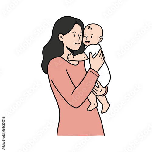 A beautiful line art illustration of a loving mother holding her happy smiling baby in a tender embrace, concept of motherhood and family.