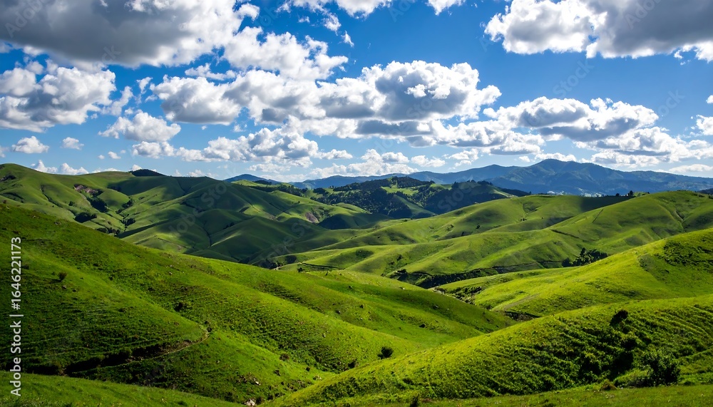 Naklejka premium Lush valley with rolling hills under a partly cloudy sky