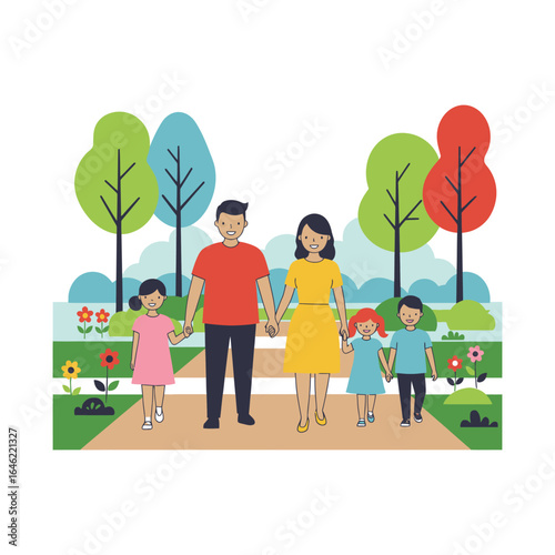 Happy family enjoying a leisurely stroll through a vibrant, colorful park on a beautiful day, embracing togetherness and outdoor recreation with smiles and laughter.