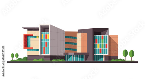 Stylized flat vector illustration of a modern university campus building