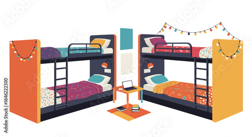 Stylized hostel dorm room with bunk beds and desk featuring colorful design
