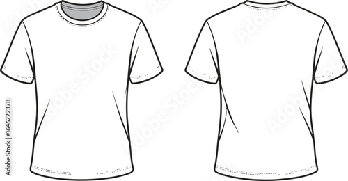 Basic crew neck t-shirt front and back view, short sleeve unisex tee, fashion flat sketch, apparel design template, outline.