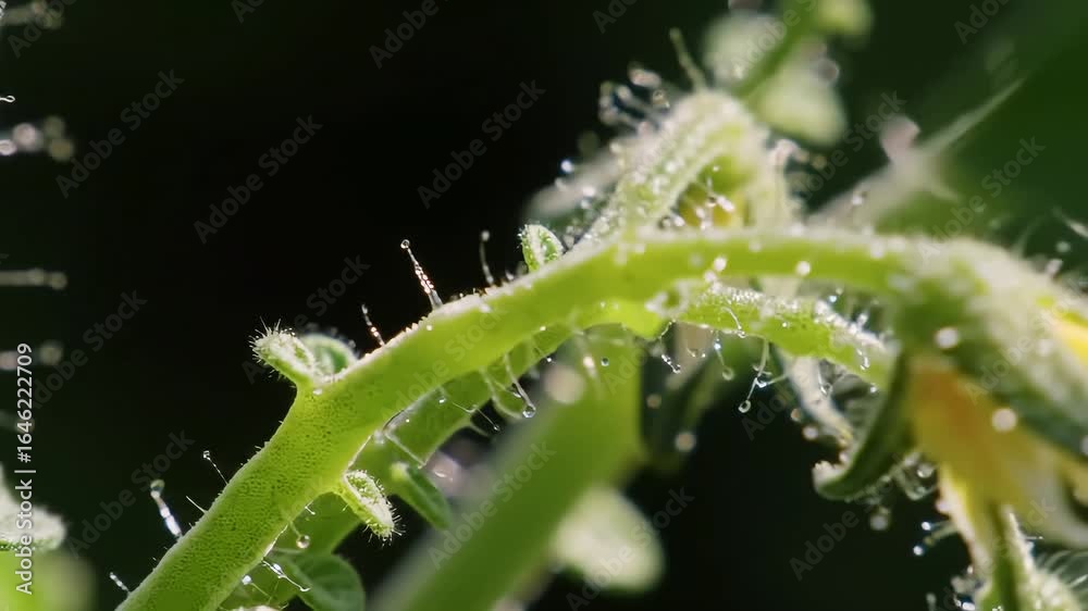 Close-up of a Tomato Plant Stalk with a Bud, Hairs, and Water Droplets Close-up of a Tomato Plant Stalk with a Bud, Hairs, and Water Droplets