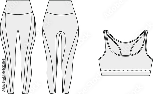 Women’s high-waist leggings with side panels and sports bra flat sketches, front and back views, athletic wear, activewear design.