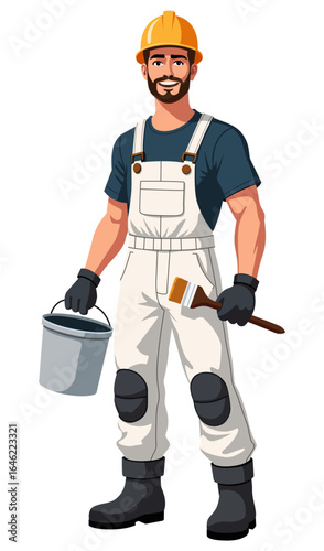 Construction worker man holding paint bucket