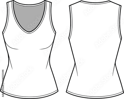 Women's sleeveless V-neck tank top, front and back view, fashion flat sketch, athletic wear design, clothing template, outline.