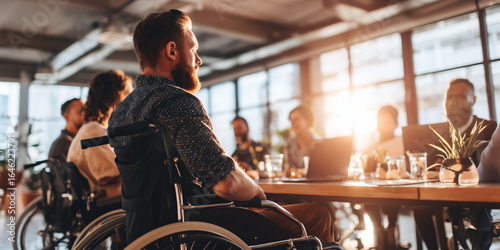 A team of diverse professionals, including a man in a wheelchair, gather around a table in a bright office for a meeting