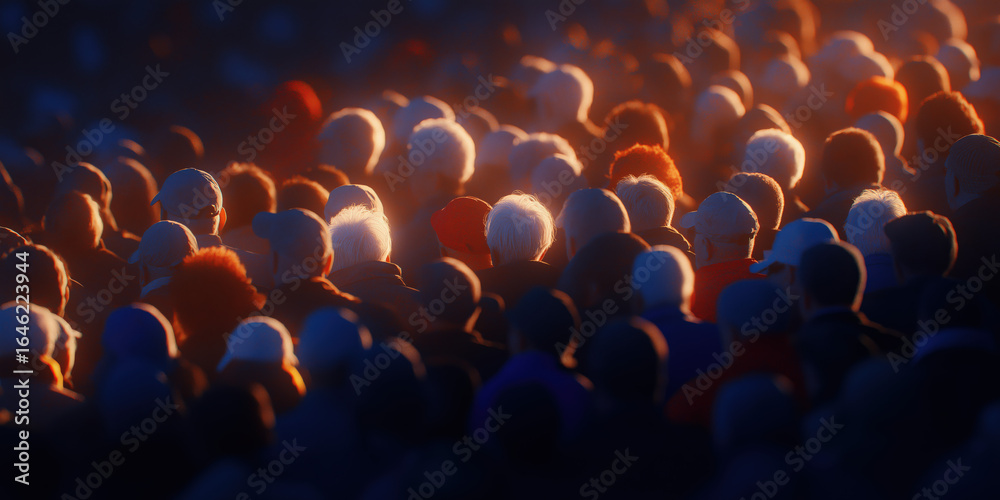 Obraz premium Crowd of people seen from behind in warm dramatic light. Unity, protest, gathering and social movement concept background