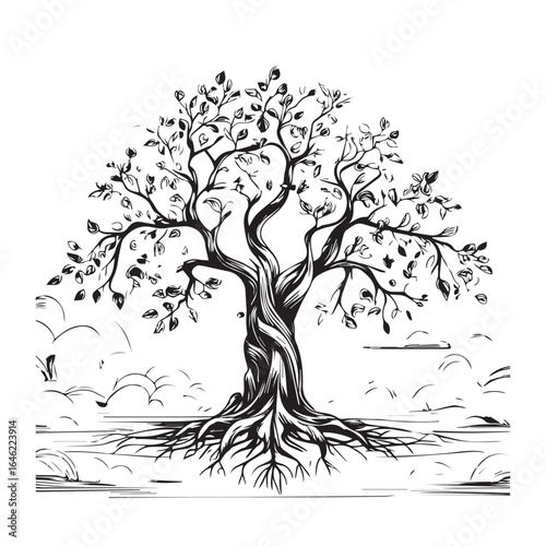 Vector art of stylized illustration of a large, ancient tree with prominent roots and a twisted trunk, symbolizing growth, life, and heritage, set against a cloudy sky