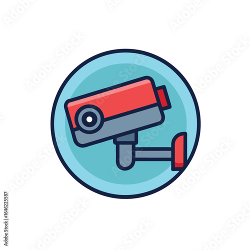 "Vector Security Camera Icon – Stylized Red and Gray Surveillance Camera Mounted on Bracket within Circular Blue Background – Flat Design Representing Monitoring, Safety, Surveillance Systems, and Sma