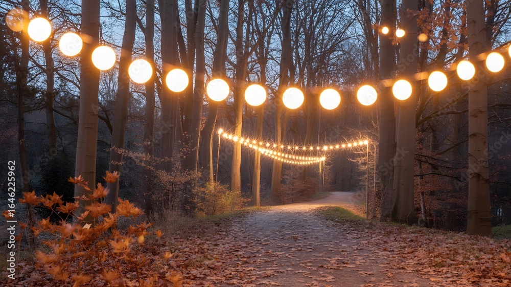 custom made wallpaper toronto digitalEnchanting pathway illuminated by warm string lights winding through a dark autumn forest with fallen leaves