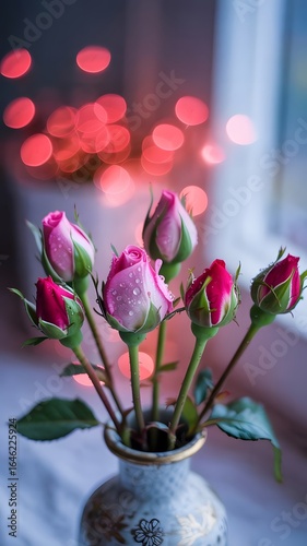 Wallpaper Mural Delicate pink and red rosebuds in a vintage vase with soft bokeh lights creating a romantic and dreamy atmosphere Torontodigital.ca