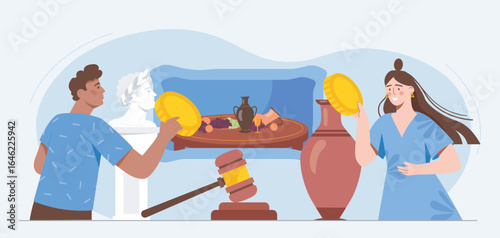 Antique auction with happy bidders. Vector illustration
