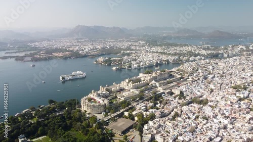 Udaipur City Palace and Lake Pichola Forward Aerial View, Rajasthan India
