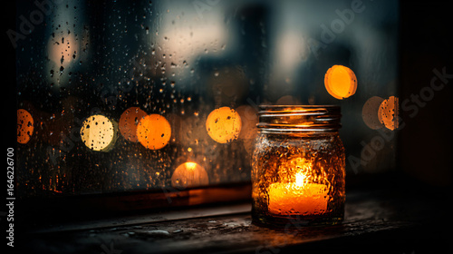 Cozy Evening: A Candle in a Jar by a Rainy Window