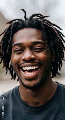 Joyful Black Man with Dreadlocks: A close-up portrait of a happy Black man with dreadlocks, his eyes crinkling with laughter as he flashes a wide, genuine smile. His expression conveys warmth, joy.