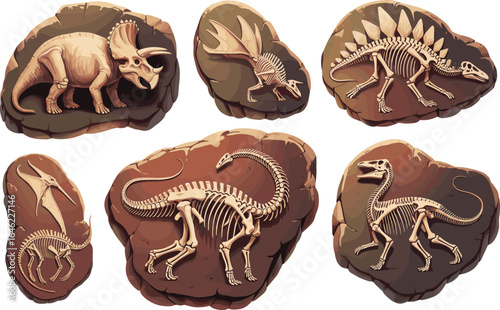 Detailed digital illustration of dinosaur fossils and skeletons, prehistoric creatures, paleontology, extinct reptiles, ancient fossils, Jurassic era, dinosaur bones, fossilized remains.