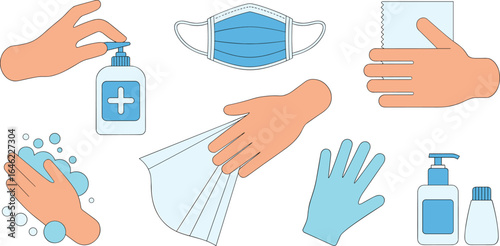 Essential COVID-19 safety and hygiene icons, hand sanitizer, face mask, washing hands, gloves, disinfectant spray, protective measures, health prevention illustration