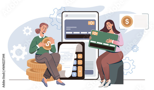 Women managing digital finances concept. Vector illustration