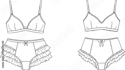 Lingerie Technical Sketch, Bra and Panty Set, Ruffle Side Detail, Scalloped Edges, Bow Accent, Fashion Undergarment Illustration