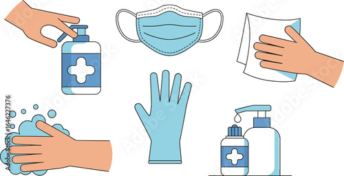 Essential COVID-19 safety and hygiene icons, hand sanitizer, face mask, washing hands, gloves, disinfectant spray, protective measures, health prevention illustration