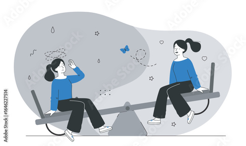 Two women on seesaw with mood contrast. Vector illustration