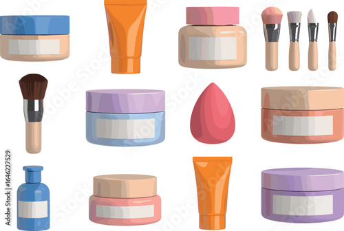 Essential Makeup Tools and Cosmetic Containers Set, Cream Jars, Brushes, Tubes, Bottles, and Sponge for Skincare and Beauty Routines