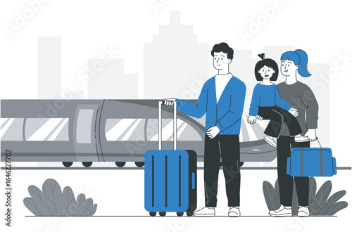 Family traveling with luggage at station. Vector illustration