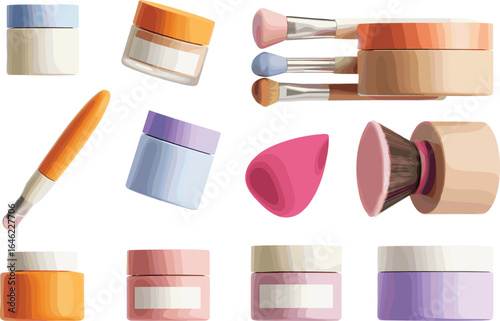 Essential Makeup Tools and Cosmetic Containers Set, Cream Jars, Brushes, Tubes, Bottles, and Sponge for Skincare and Beauty Routines