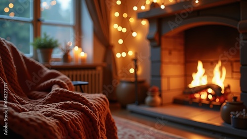 A cozy interior with a warm blanket near the fireplace on an autumn or winter evening.

