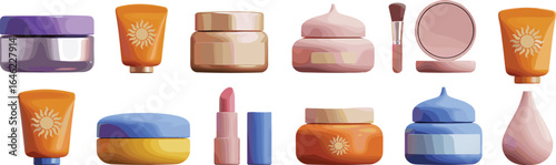 Essential Makeup Tools and Cosmetic Containers Set, Cream Jars, Brushes, Tubes, Bottles, and Sponge for Skincare and Beauty Routines