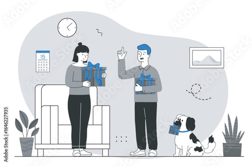 People and dog exchanging gifts indoors. Vector illustration