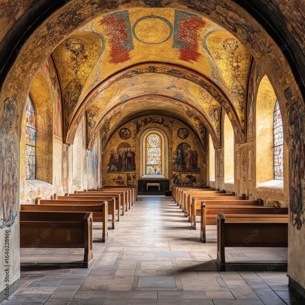 Fototapeta premium Historic Medieval Church Interior with Colorful Murals and Arches