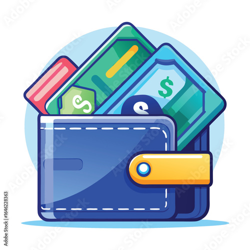 A spending icon depicting a dark blue wallet with light blue money bills sticking out and a light blue credit card. on white background