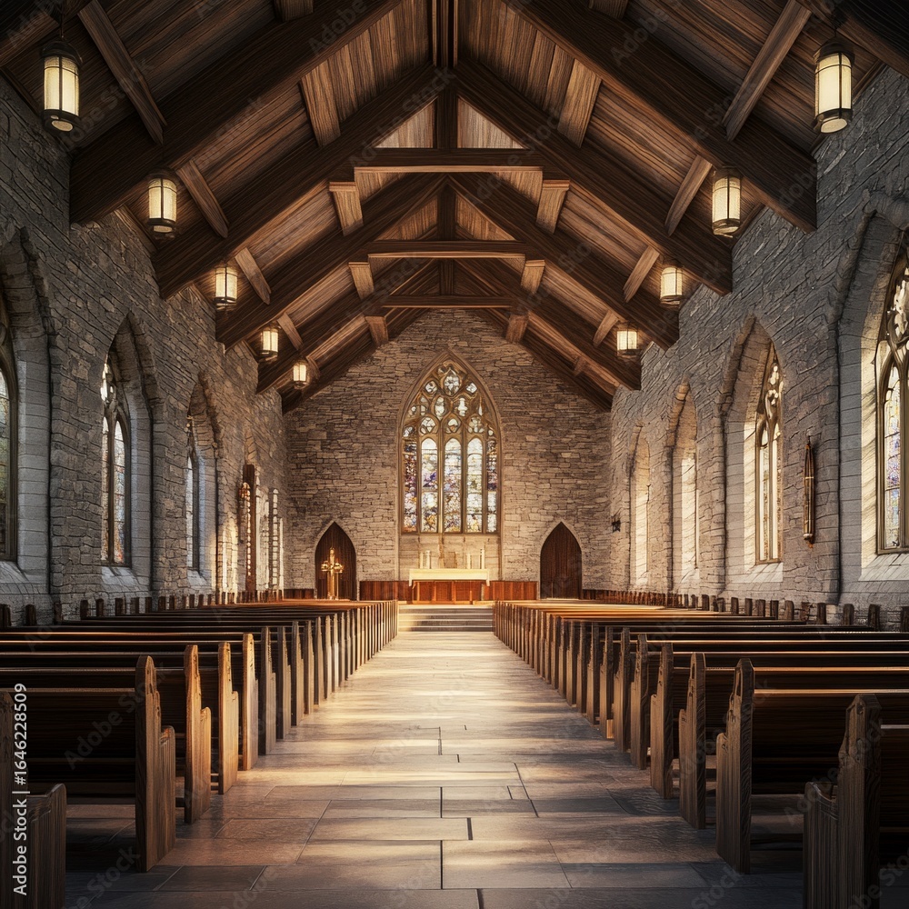 Fototapeta premium Serene Interior of Wooden Chapel with High Ceilings and Stained Glass