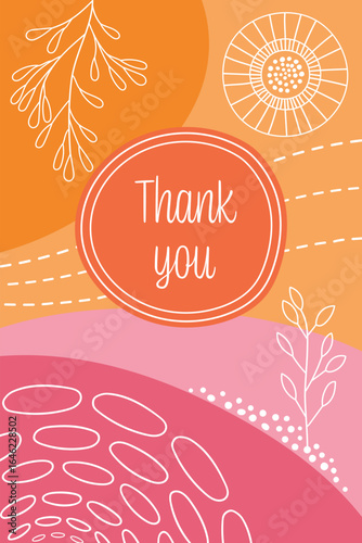 Thank you - Schriftzug in englischer Sprache - Danke. Karte mit Zweigen und geometrischen Formen in Pink und Orange.