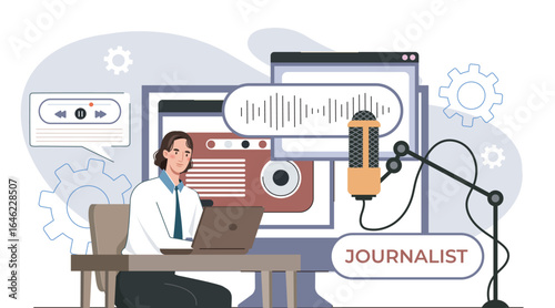 Journalist working in podcast studio. Vector illustration