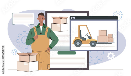 Warehouse worker and forklift concept. Vector illustration