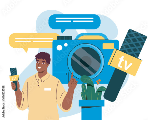 TV reporter with microphone and camera. Vector illustration