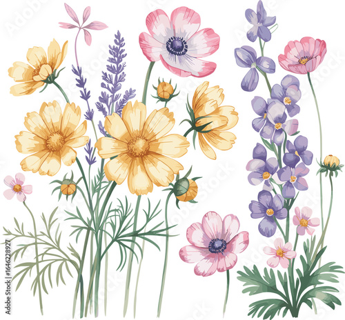 Watercolor illustration of colorful spring flowers bouquet, hand-painted floral elements, botanical art, nature design, garden blossoms, decorative petals
