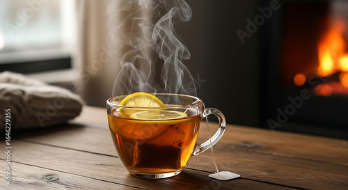 A steaming cup of tea with lemon slices on a wooden table near a warm fireplace in a cozy setting